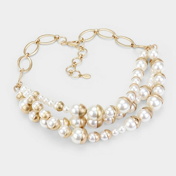 Classic Pearl Link Triple Strand Bib Necklace - Picture 1 of 3